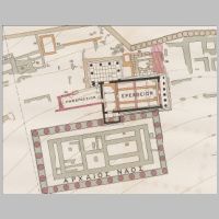 Topographic diagram of the 1885 excavation of the acropolis, depicting the Erechtheion and Archaic Temple of Athena. From Georg Kawerau, Kavvadis (Wikipedia).jpg